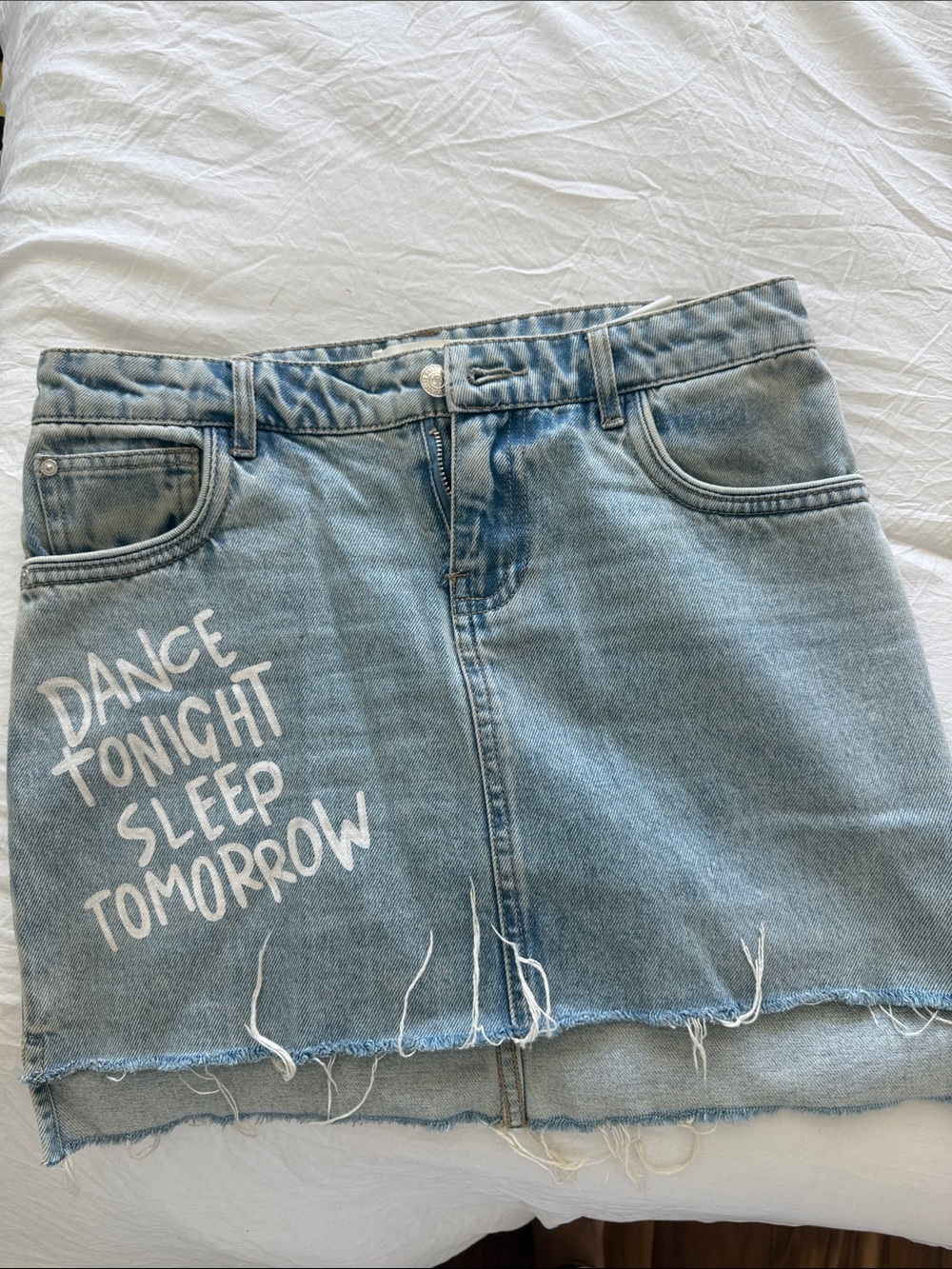 Mango Light Blue Denim Mini Skirt with White Script